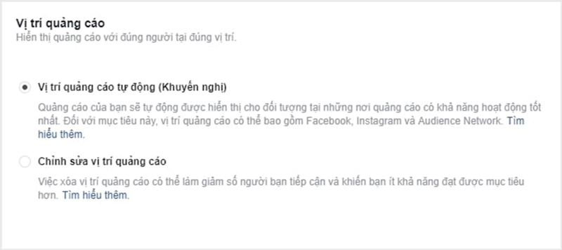 Lựa chọn vị trí chạy quảng cáo bán hàng trên Facebook